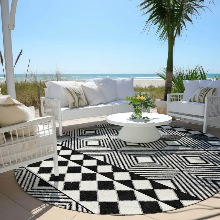 8' Black And Ivory Round Geometric Washable Indoor Outdoor Area Rug