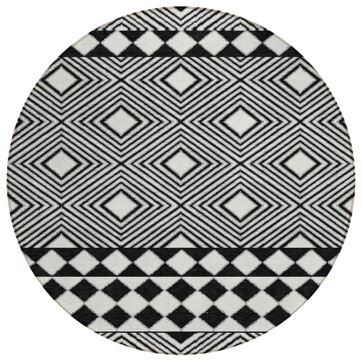8' Black And Ivory Round Geometric Washable Indoor Outdoor Area Rug