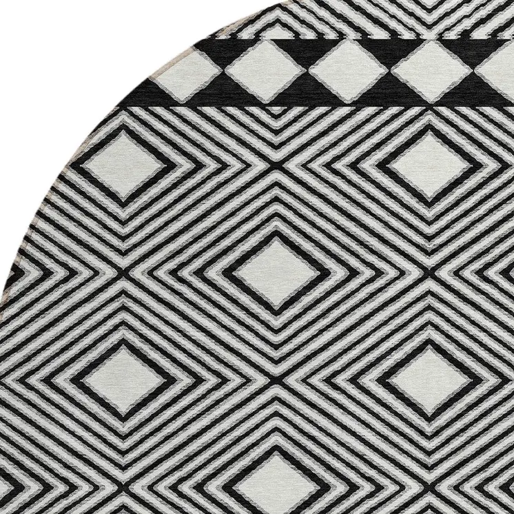 8' Black And Ivory Round Geometric Washable Indoor Outdoor Area Rug