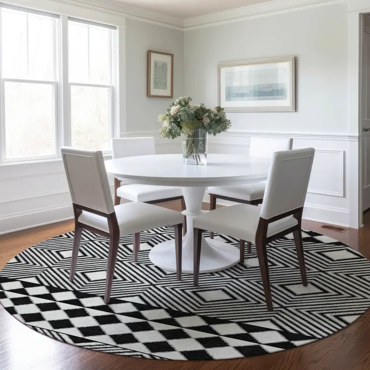 8' Black And Ivory Round Geometric Washable Indoor Outdoor Area Rug