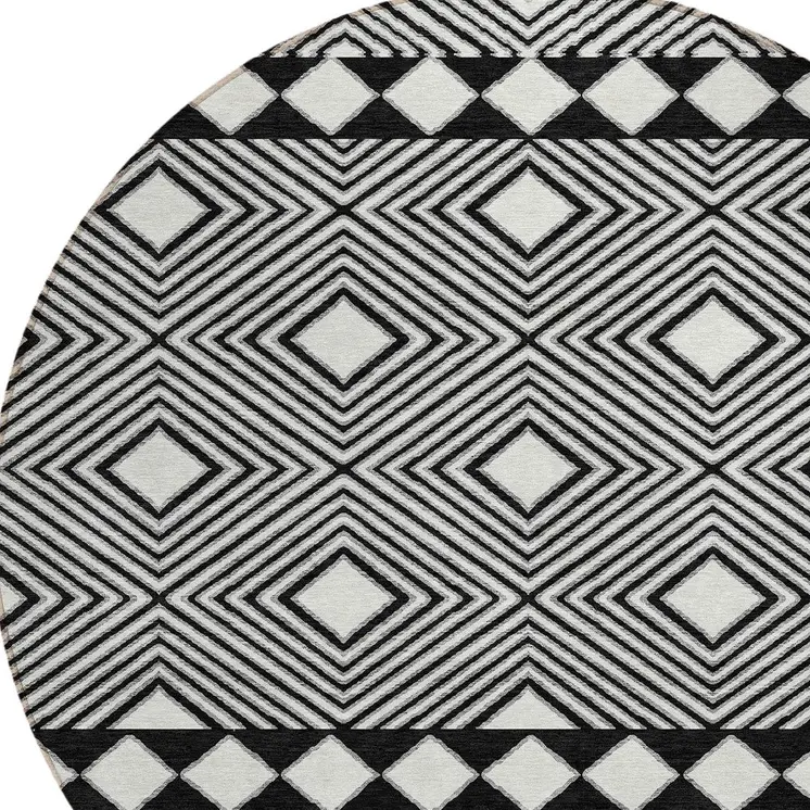 8' Black And Ivory Round Geometric Washable Indoor Outdoor Area Rug