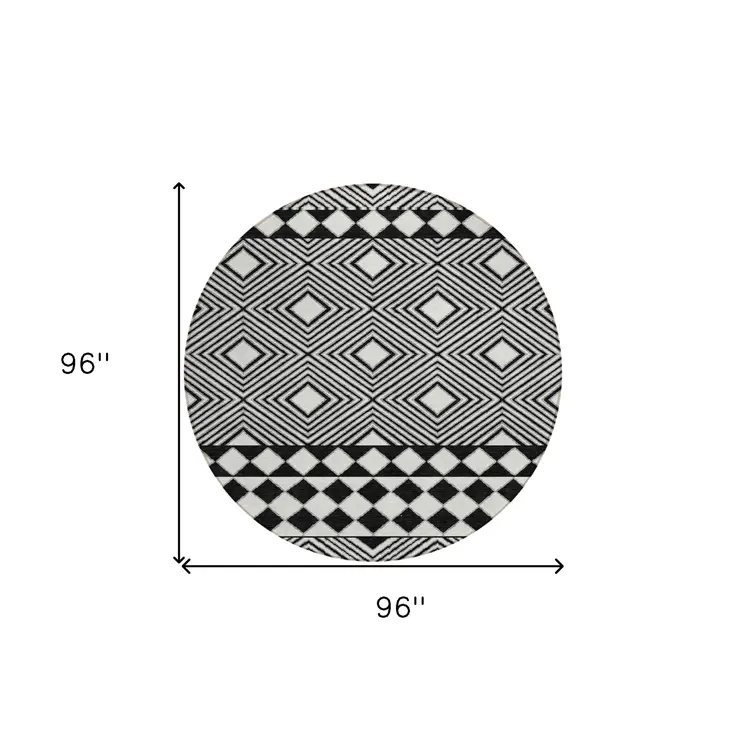 8' Black And Ivory Round Geometric Washable Indoor Outdoor Area Rug