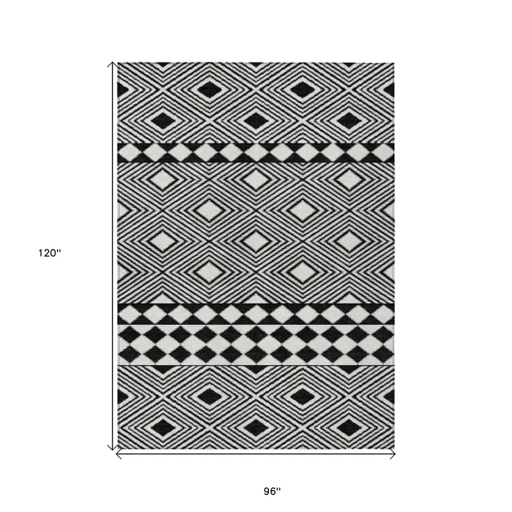 8' X 10' Black And Ivory Geometric Washable Indoor Outdoor Area Rug