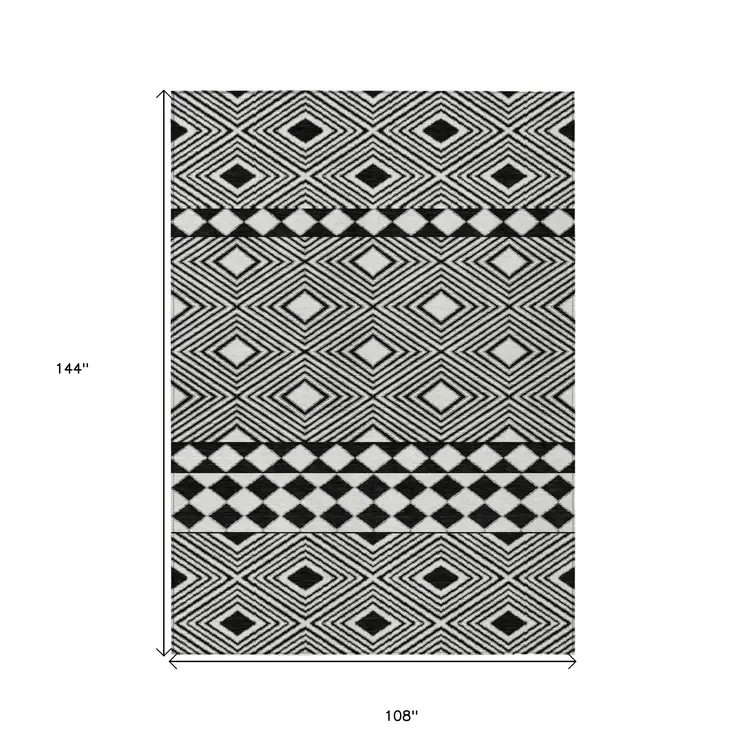 9' X 12' Black And Ivory Geometric Washable Indoor Outdoor Area Rug