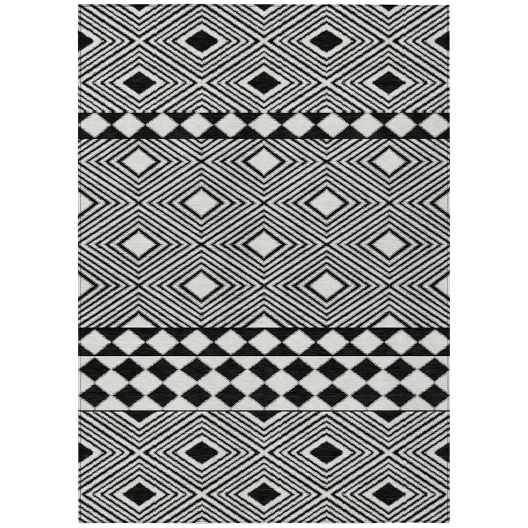 10' X 14' Black And Ivory Geometric Washable Indoor Outdoor Area Rug
