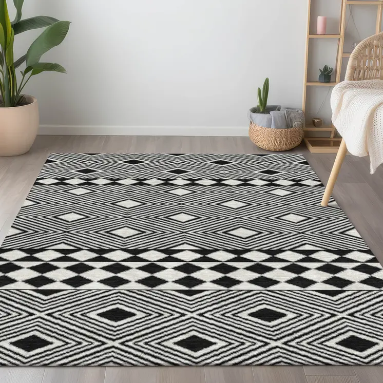 10' X 14' Black And Ivory Geometric Washable Indoor Outdoor Area Rug