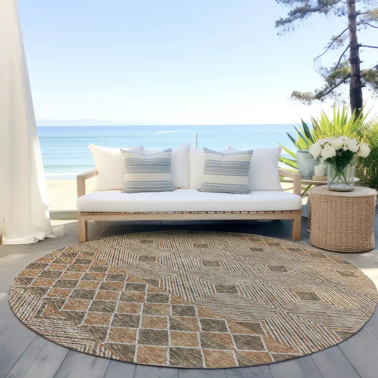 8' Brown And Beige Round Geometric Washable Indoor Outdoor Area Rug