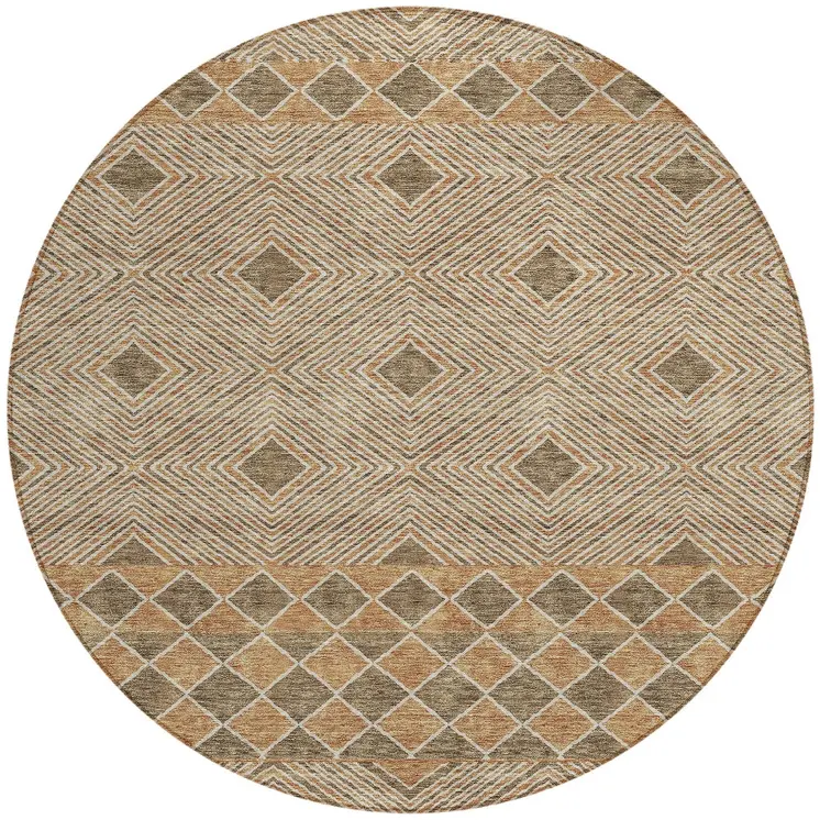 8' Brown And Beige Round Geometric Washable Indoor Outdoor Area Rug