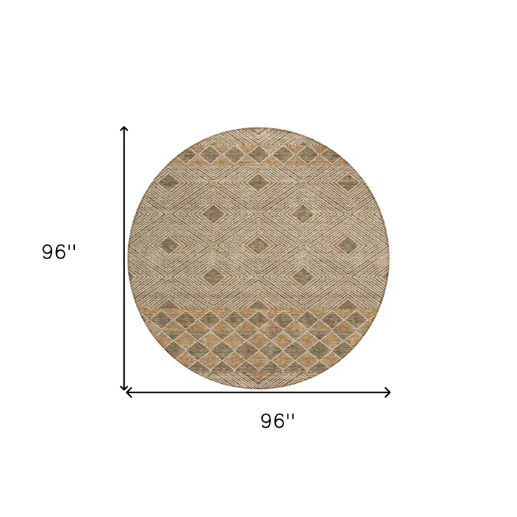 8' Brown And Beige Round Geometric Washable Indoor Outdoor Area Rug