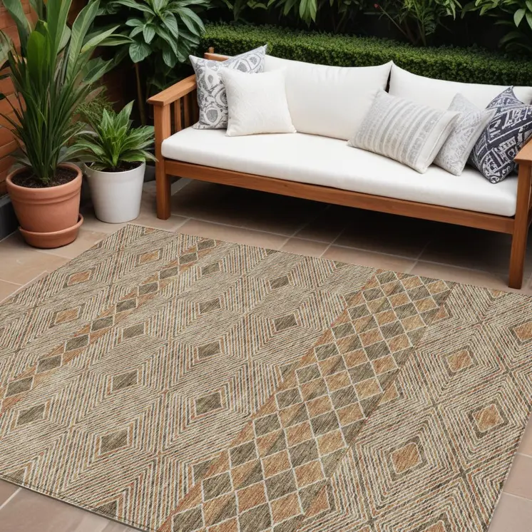 8' X 10' Brown And Beige Geometric Washable Indoor Outdoor Area Rug