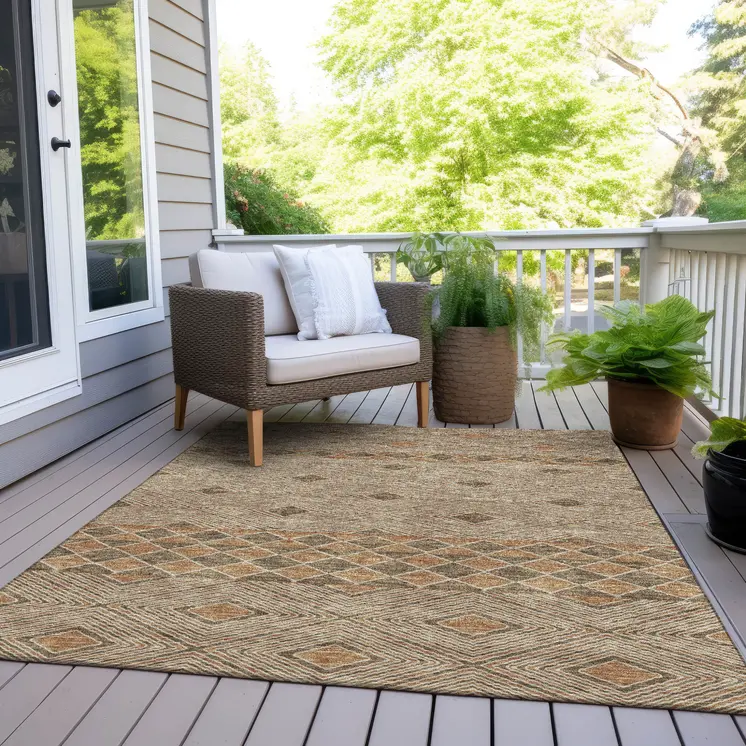 8' X 10' Brown And Beige Geometric Washable Indoor Outdoor Area Rug