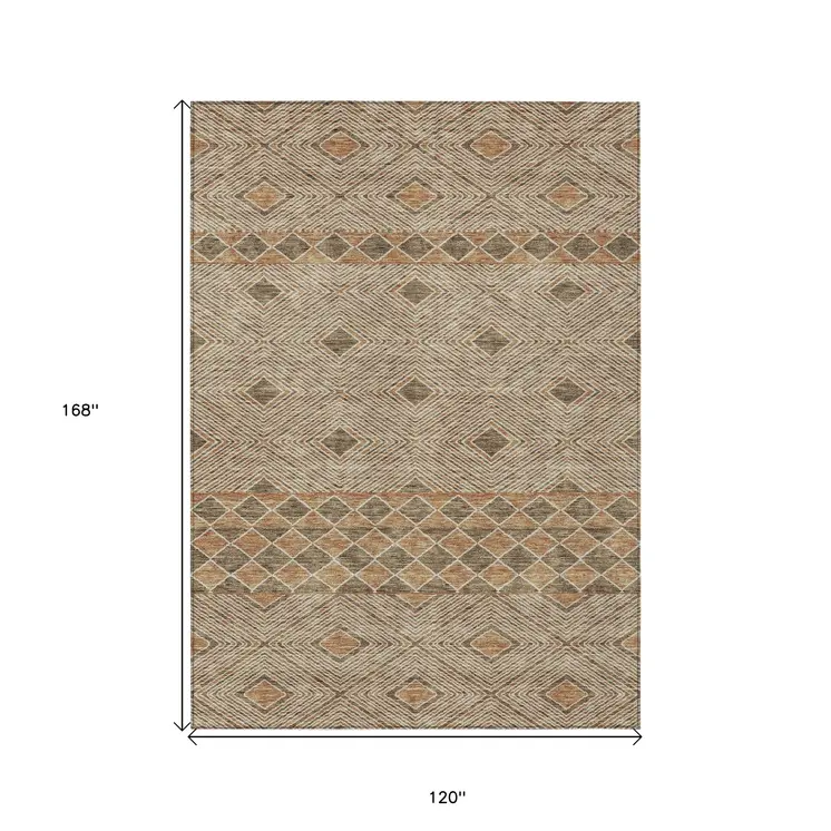10' X 14' Brown And Beige Geometric Washable Indoor Outdoor Area Rug