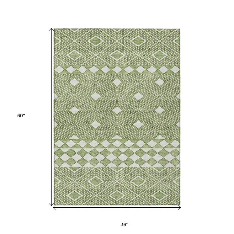3' X 5' Green And Ivory Geometric Washable Indoor Outdoor Area Rug