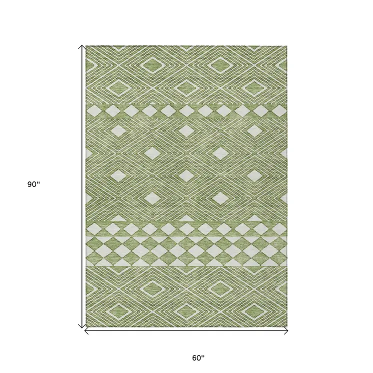 5' X 8' Green And Ivory Geometric Washable Indoor Outdoor Area Rug