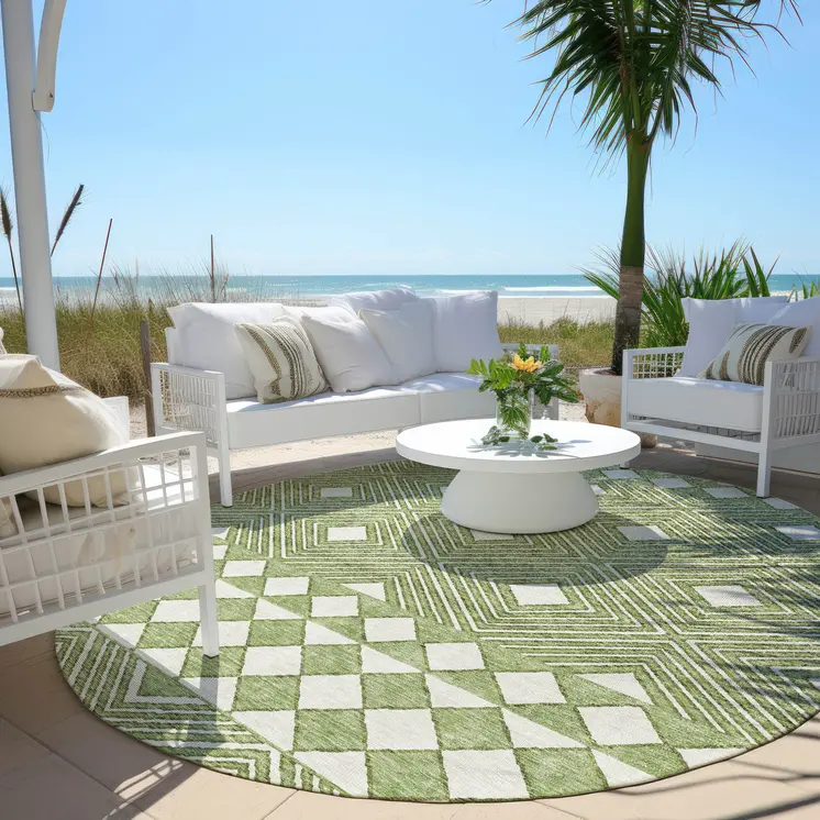 8' Green And Ivory Round Geometric Washable Indoor Outdoor Area Rug