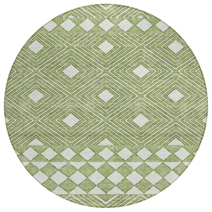 8' Green And Ivory Round Geometric Washable Indoor Outdoor Area Rug