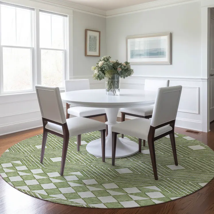 8' Green And Ivory Round Geometric Washable Indoor Outdoor Area Rug