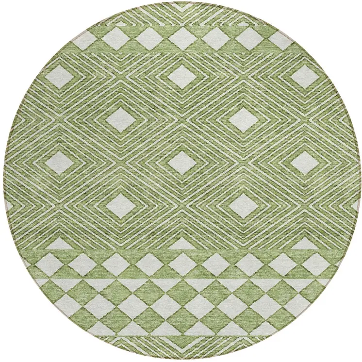 8' Green And Ivory Round Geometric Washable Indoor Outdoor Area Rug