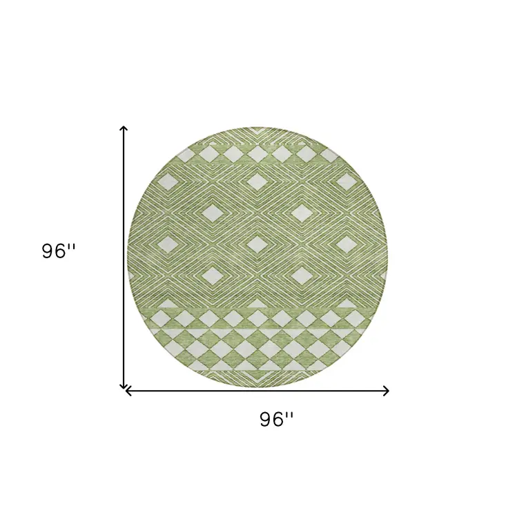 8' Green And Ivory Round Geometric Washable Indoor Outdoor Area Rug