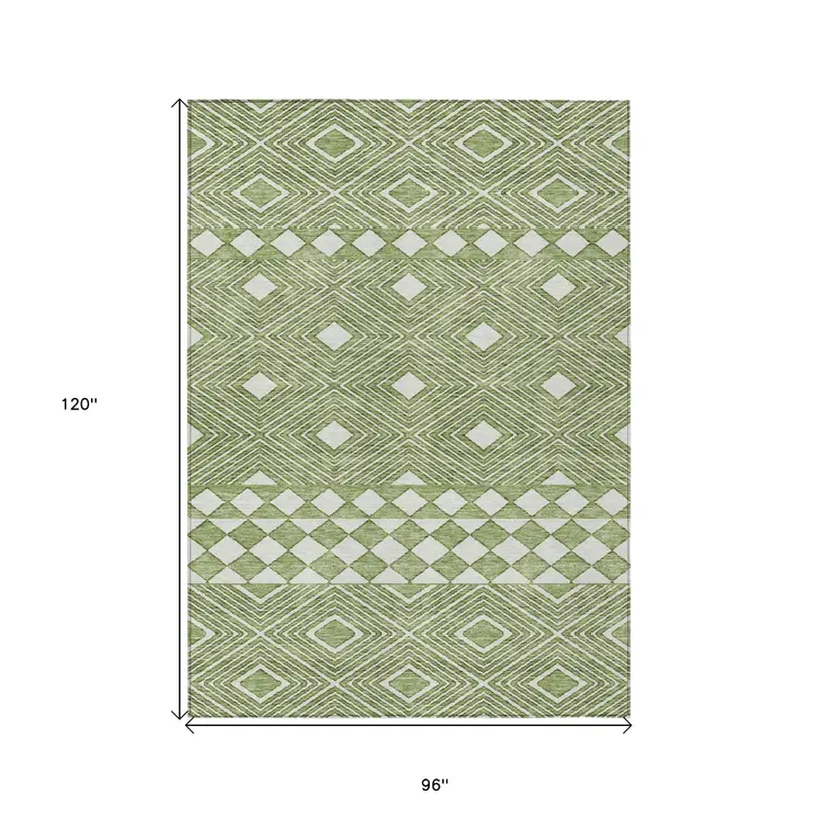 8' X 10' Green And Ivory Geometric Washable Indoor Outdoor Area Rug