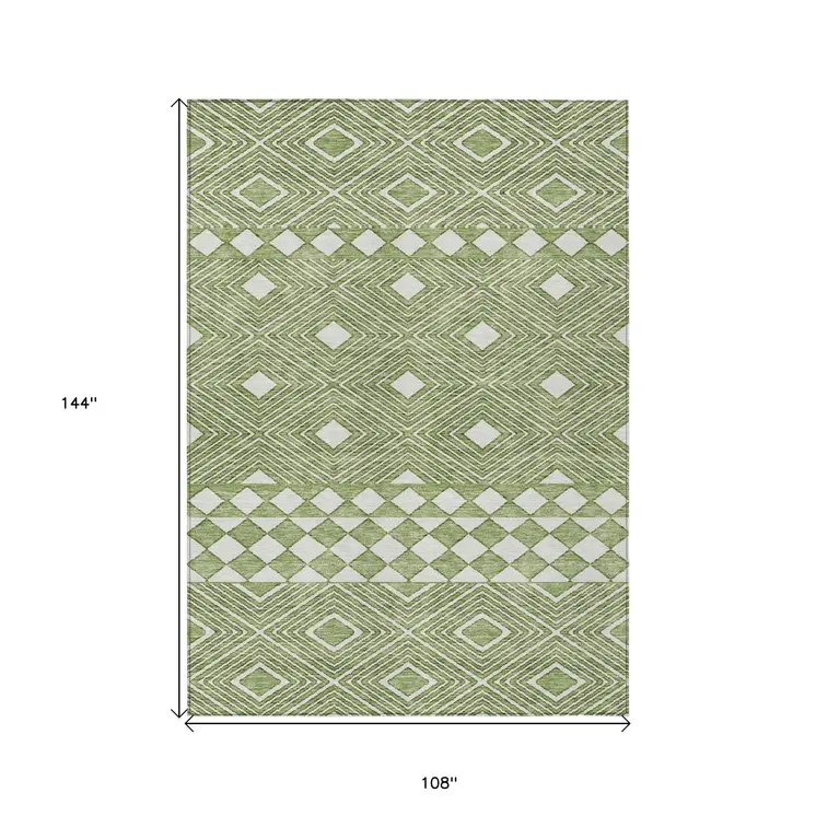 9' X 12' Green And Ivory Geometric Washable Indoor Outdoor Area Rug