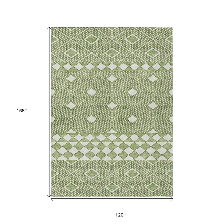10' X 14' Green And Ivory Geometric Washable Indoor Outdoor Area Rug