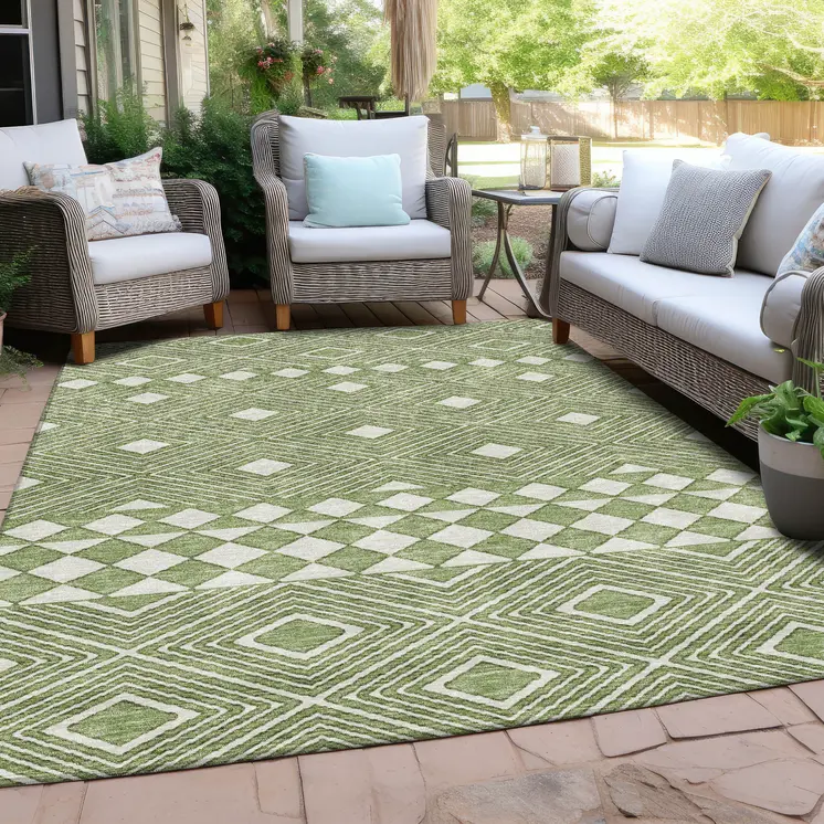 10' X 14' Green And Ivory Geometric Washable Indoor Outdoor Area Rug