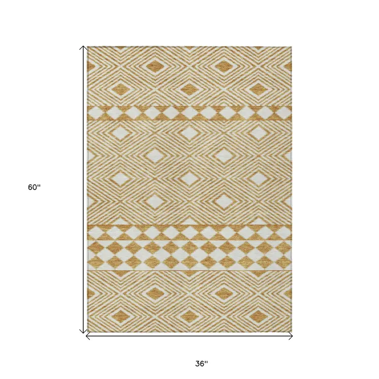 3' X 5' Gold And Ivory Geometric Washable Indoor Outdoor Area Rug