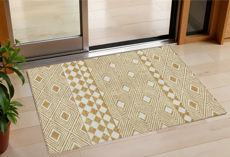 3' X 5' Gold And Ivory Geometric Washable Indoor Outdoor Area Rug