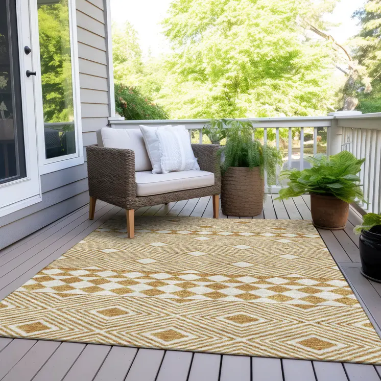 3' X 5' Gold And Ivory Geometric Washable Indoor Outdoor Area Rug