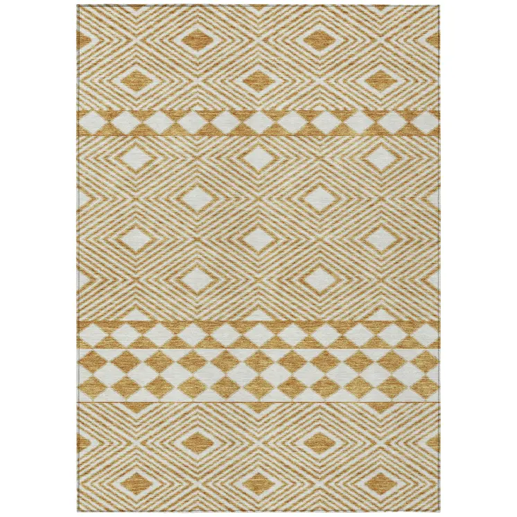 3' X 5' Gold And Ivory Geometric Washable Indoor Outdoor Area Rug