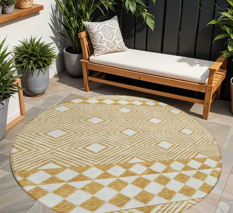 8' Gold And Ivory Round Geometric Washable Indoor Outdoor Area Rug