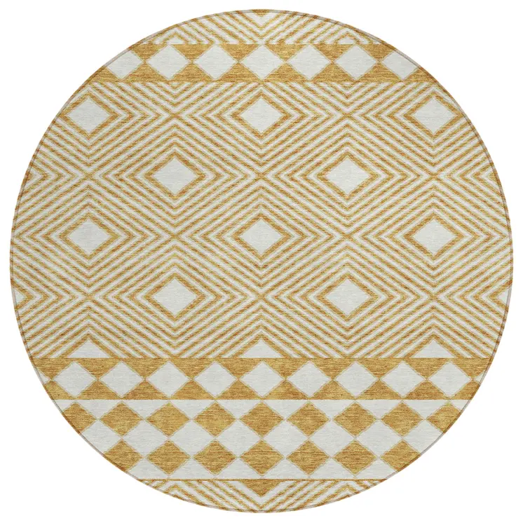 8' Gold And Ivory Round Geometric Washable Indoor Outdoor Area Rug