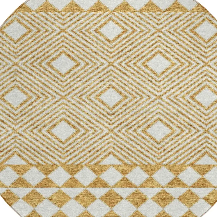 8' Gold And Ivory Round Geometric Washable Indoor Outdoor Area Rug
