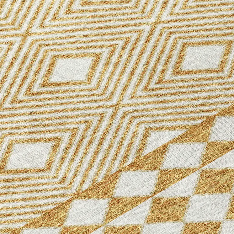 8' Gold And Ivory Round Geometric Washable Indoor Outdoor Area Rug