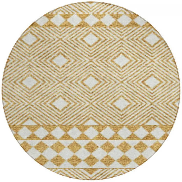 8' Gold And Ivory Round Geometric Washable Indoor Outdoor Area Rug