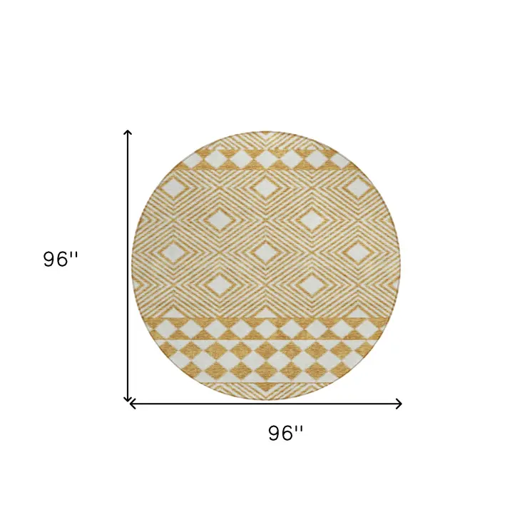 8' Gold And Ivory Round Geometric Washable Indoor Outdoor Area Rug