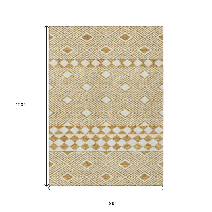 8' X 10' Gold And Ivory Geometric Washable Indoor Outdoor Area Rug