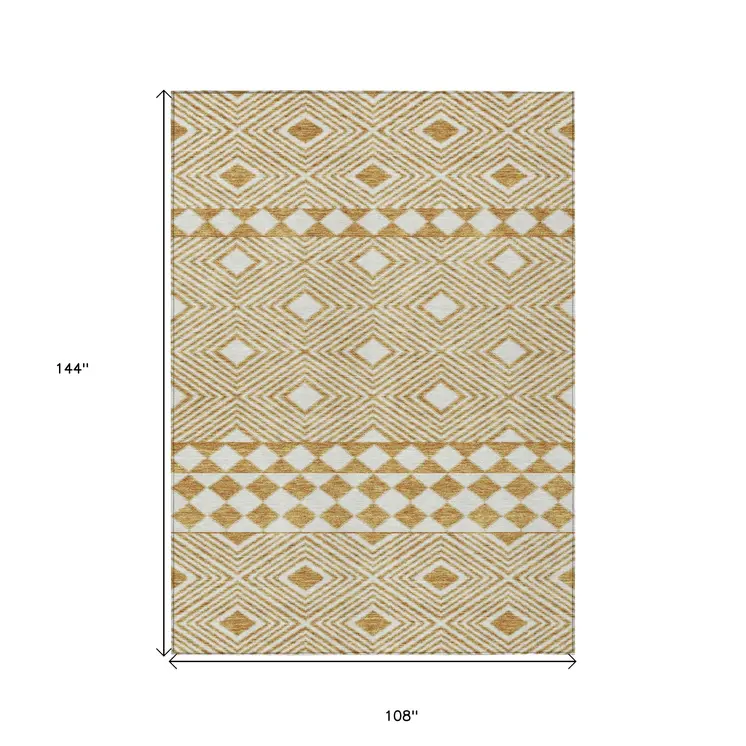 9' X 12' Gold And Ivory Geometric Washable Indoor Outdoor Area Rug