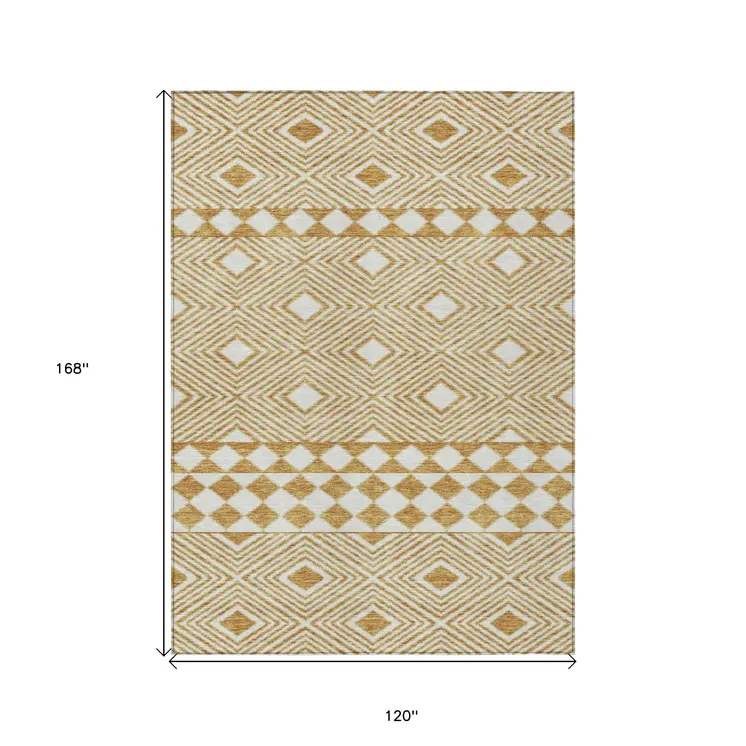 10' X 14' Gold And Ivory Geometric Washable Indoor Outdoor Area Rug