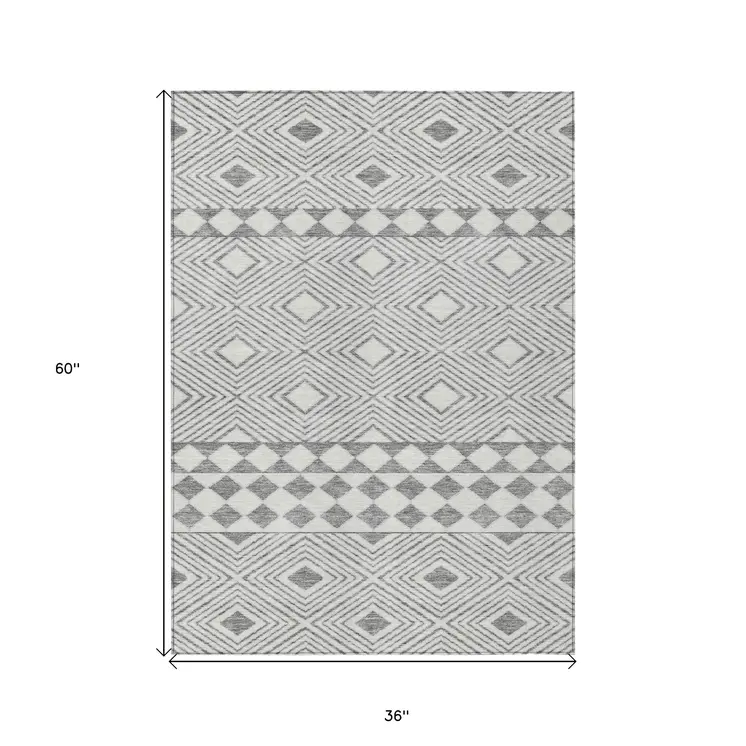 3' X 5' Gray And Ivory Geometric Washable Indoor Outdoor Area Rug