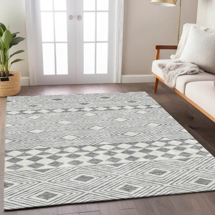 3' X 5' Gray And Ivory Geometric Washable Indoor Outdoor Area Rug