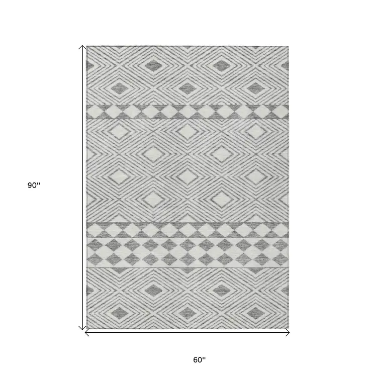 5' X 8' Gray And Ivory Geometric Washable Indoor Outdoor Area Rug