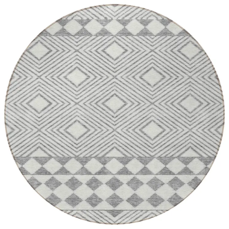 8' Gray And Ivory Round Geometric Washable Indoor Outdoor Area Rug