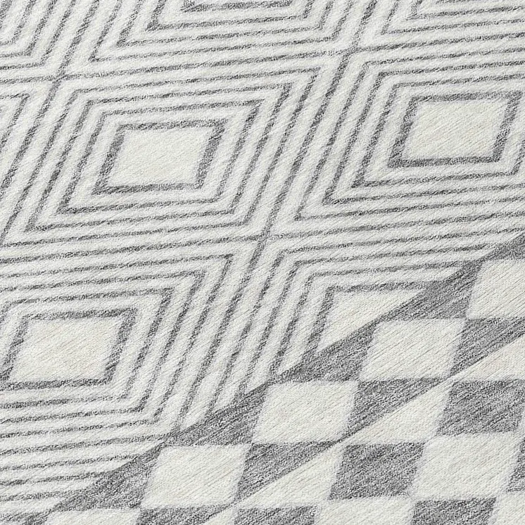 8' Gray And Ivory Round Geometric Washable Indoor Outdoor Area Rug
