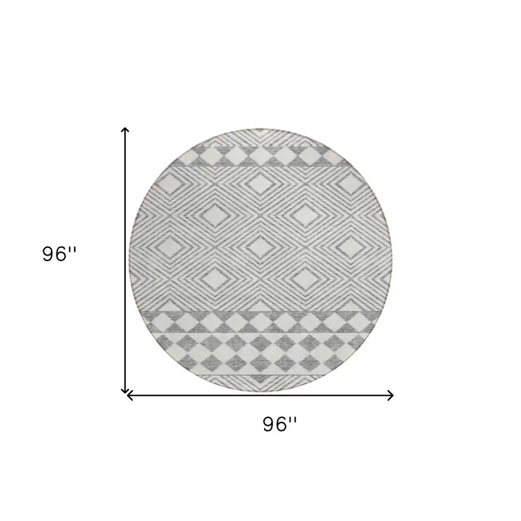 8' Gray And Ivory Round Geometric Washable Indoor Outdoor Area Rug