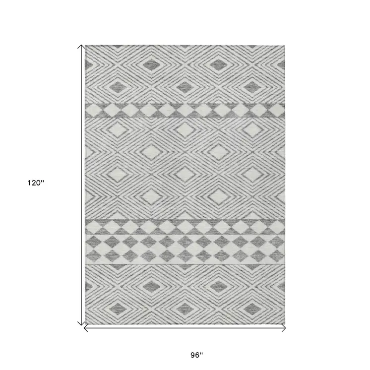 8' X 10' Gray And Ivory Geometric Washable Indoor Outdoor Area Rug