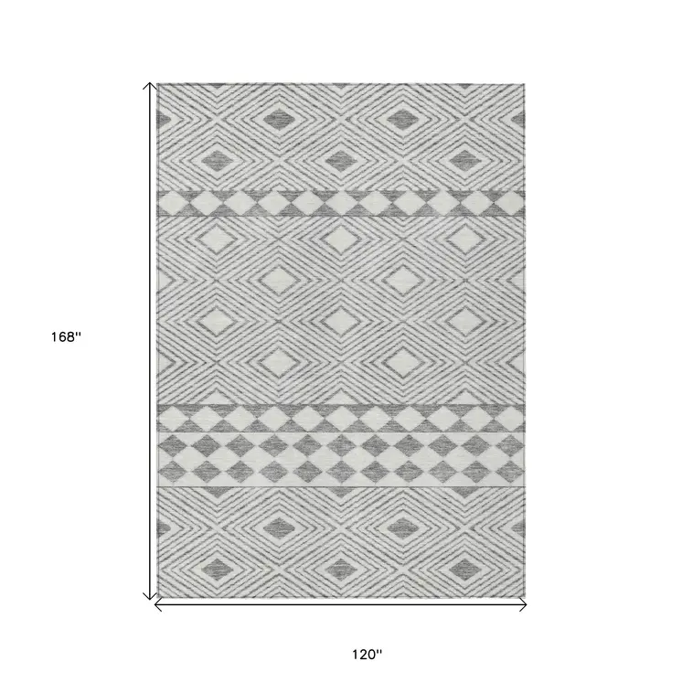 10' X 14' Gray And Ivory Geometric Washable Indoor Outdoor Area Rug