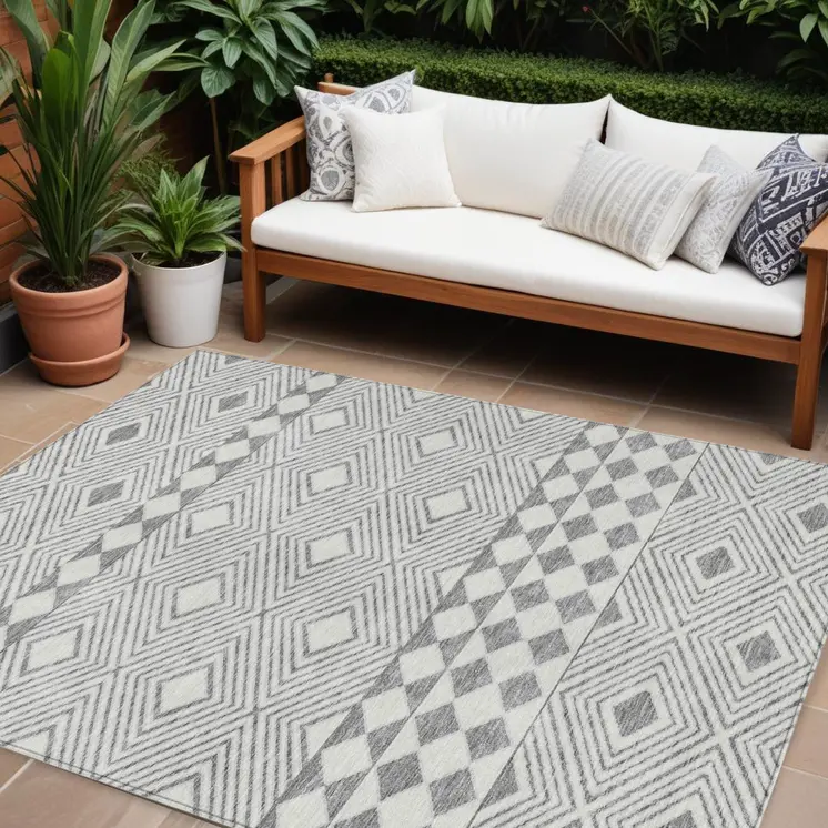 10' X 14' Gray And Ivory Geometric Washable Indoor Outdoor Area Rug