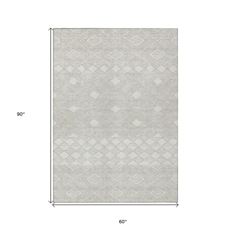 5' X 8' Ivory And Gray Geometric Washable Indoor Outdoor Area Rug